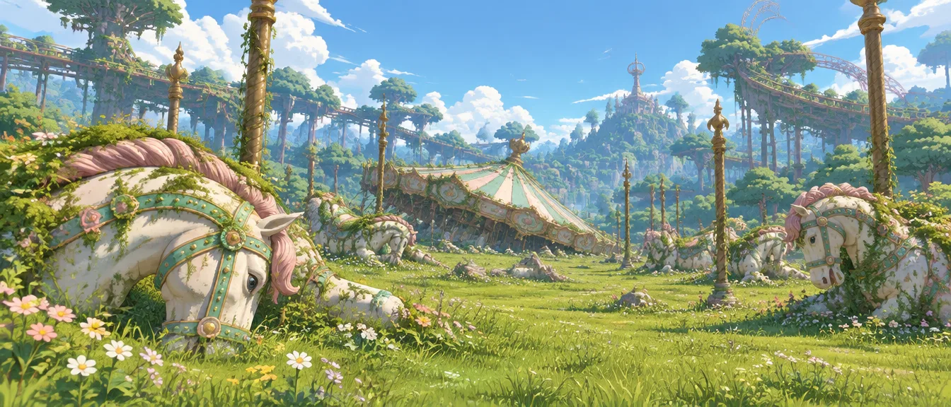 Carousel Wilds: padang rumput luas tempat kuda carousel raksasa terbaring setengah tertimbun lumut, tiang kuningan berdiri seperti pohon muda, dan rel roller coaster melengkung di atas hutan.