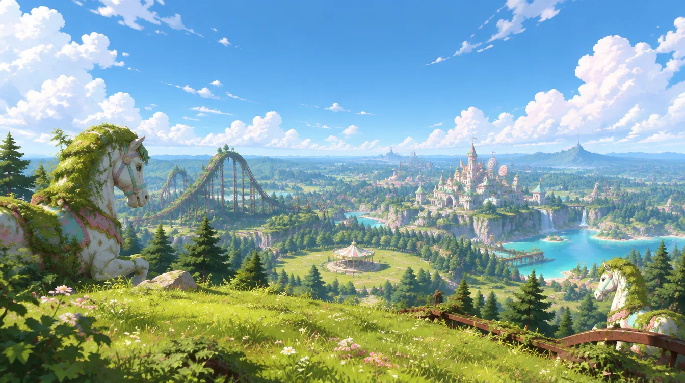 Pemandangan dari bukit Ferris Heights: seluruh benua taman yang tertutup hutan terbentang sampai cakrawala, dengan roller coaster ombak, istana permen batu, dan laguna pirus di kejauhan.