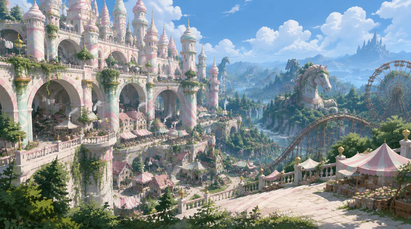 Sugarstone Keep: istana permen sebesar kota yang sudah membatu, menara bergaris pastel, dan kota manusia di dalam lengkung dan terasnya.